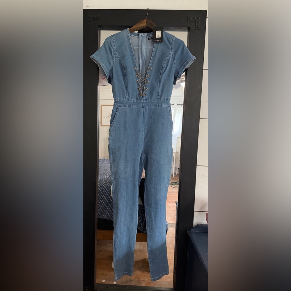 Fashion Nova Light Blue Denim Lace-Up Jumpsuit